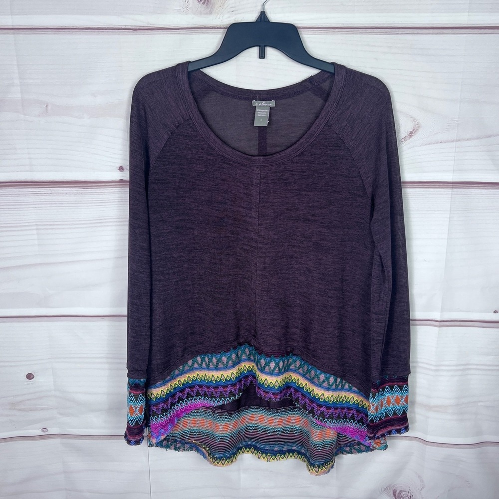 C Oliver Top Womens S Purple Embroidered Hem‎ Blouse Scoop Neck Long Sleeve Knit